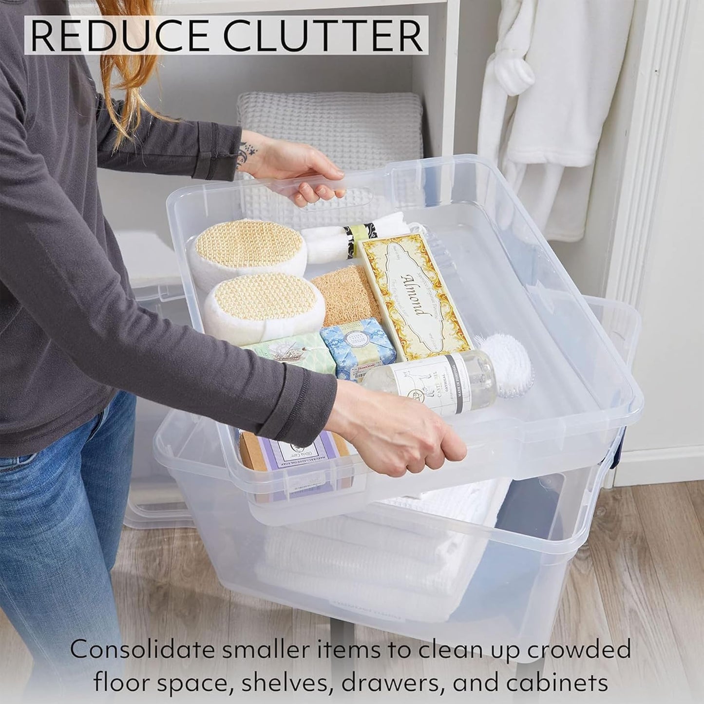 Rubbermaid Cleverstore 42 Quart Stackable Plastic Storage Bin with Lids for Garage, Closet, and Classroom, Clear, 4 Pack