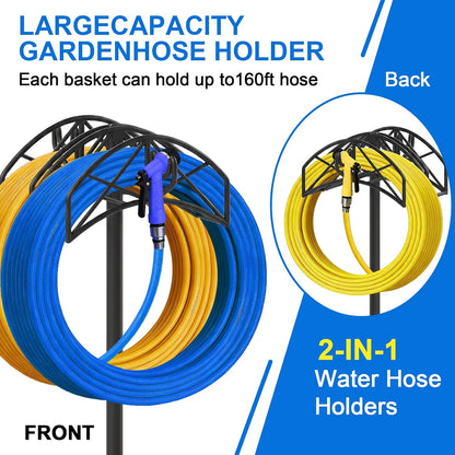 Garden Hose Holder Heavy Duty Water Hose Holder Holds 160 FT * 2 Hoses 4 Spikes Hose Reel Freestanding Hose Hanger Sturdy Hose Storage Stand with 90°Rotatable Hook for Outside Yard Lawn
