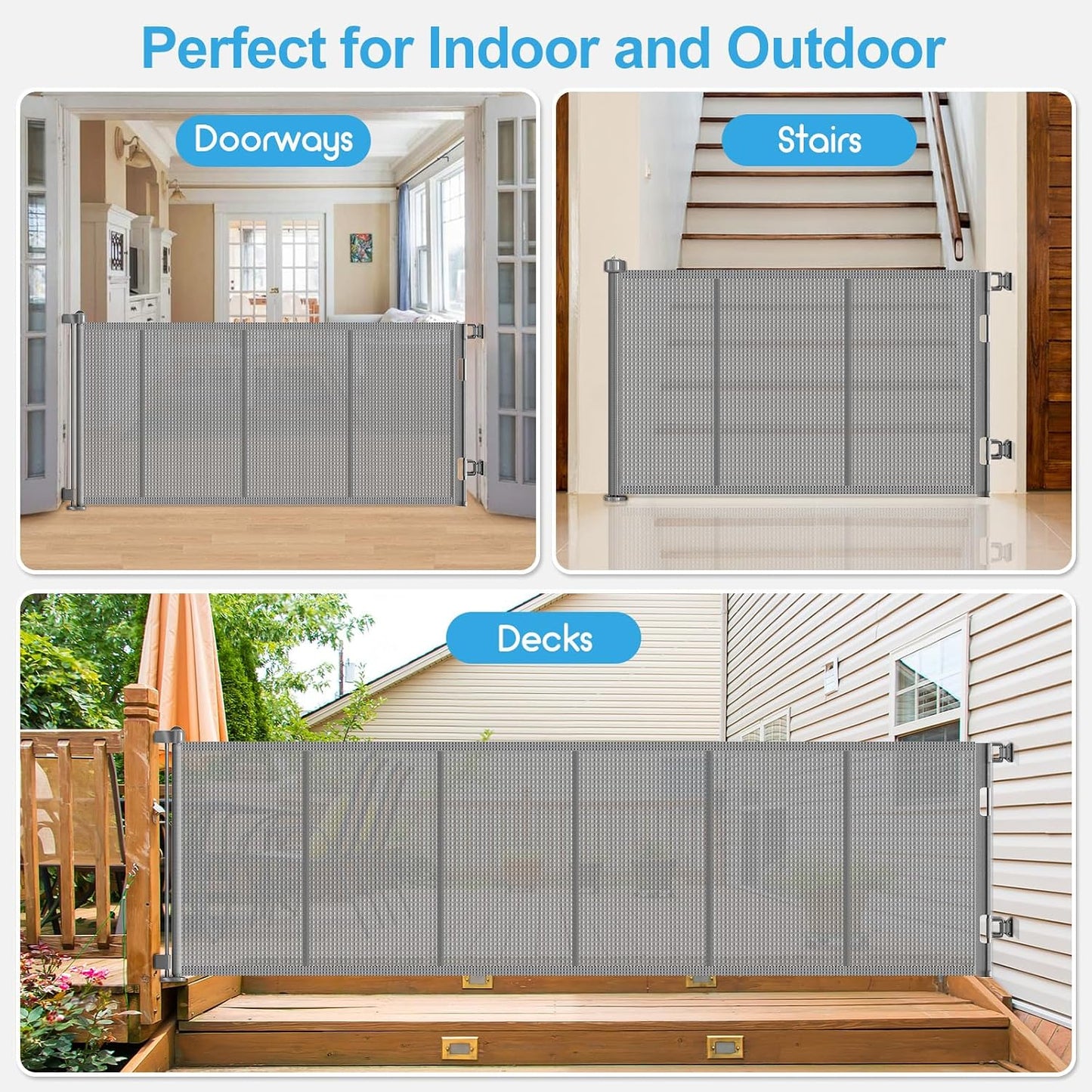71 inch Retractable Baby Gates, EZIGO Extra Wide Baby Gate for Large Opening Extra Long Mesh Gate for Kids or Pet Dog Gate Child Safety Gate for Stairs Hallways Doorway Indoor Outdoor, Gray