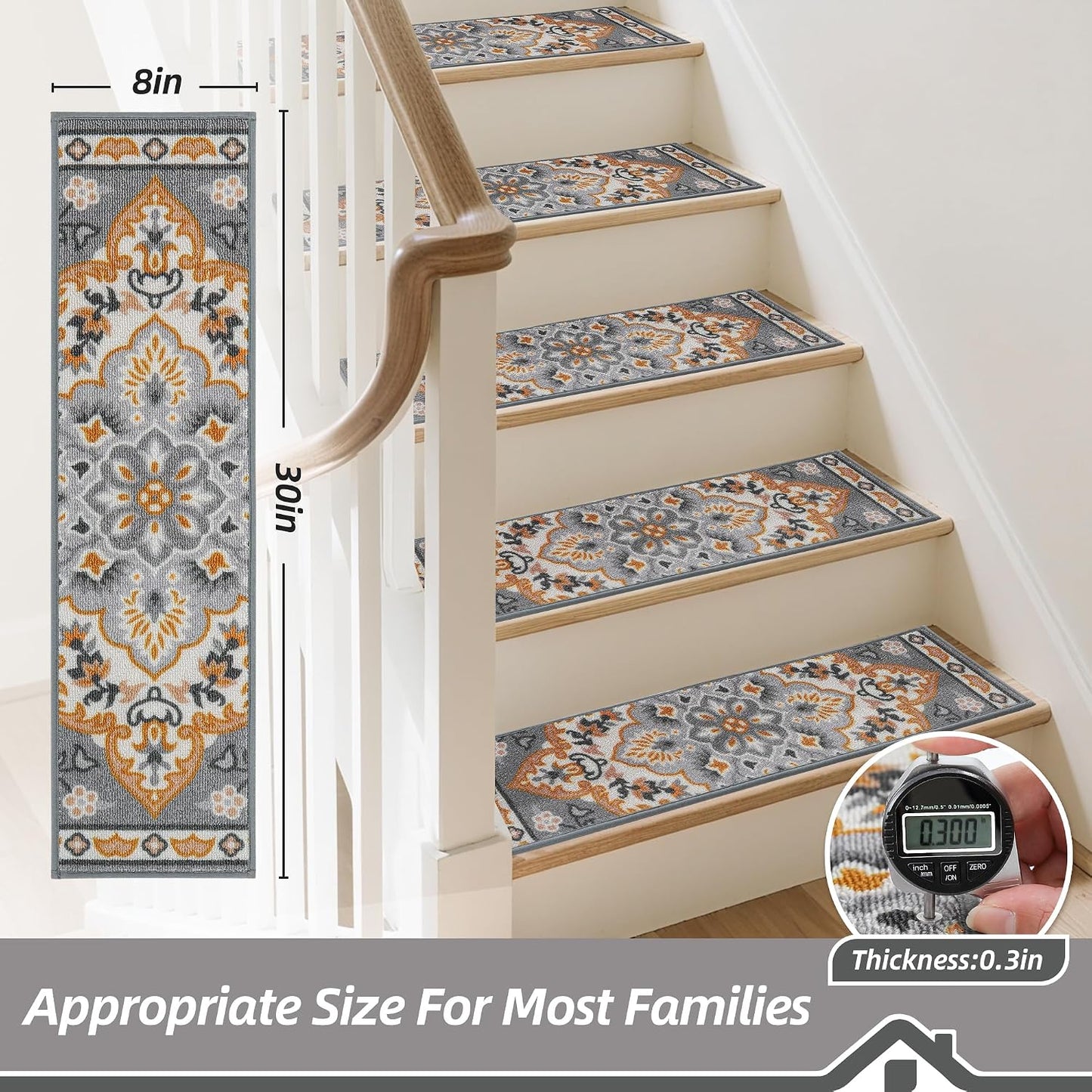 BEQHAUSE Stair Treads for Wooden Steps Non-Slip Machine Washable Carpet Stair Treads 8"X30" Soft Indoor Stair Runner for Kids Elders and Pets, 100% Polyester, TPE Backing, 15pcs, Grey/Orange