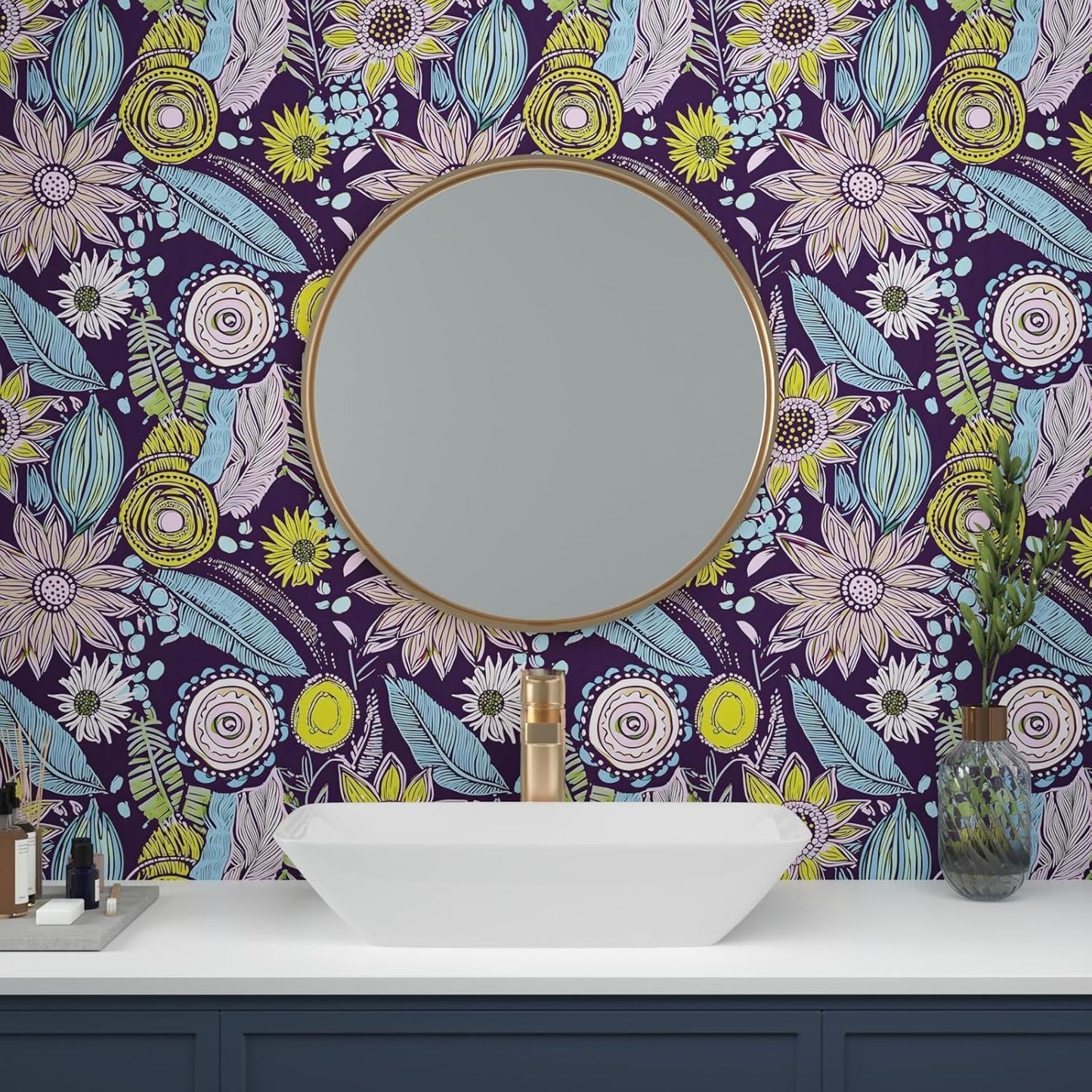 Blue Wallpaper Peel and Stick,Vintage Boho Floral Contact Paper 17.5" x 118", Retro Botanical Flower Wall Paper Self Adhesive Removable Waterproof for Walls Shelves Cabinet Table (Blue,Yellow, Green)