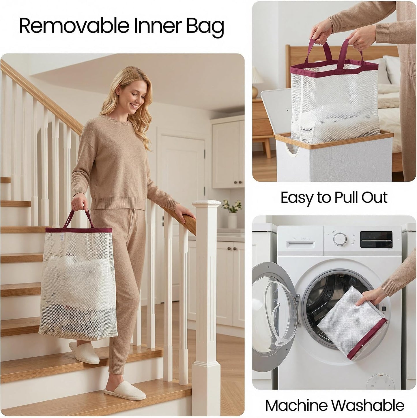 efluky Slim Laundry Basket with Lid, Narrow Laundry Hamper with Removable Bag, Skinny Dirty Clothes Basket with Bamboo Handles for Bathroom, Bedroom & Laundry Room, 75L Beige
