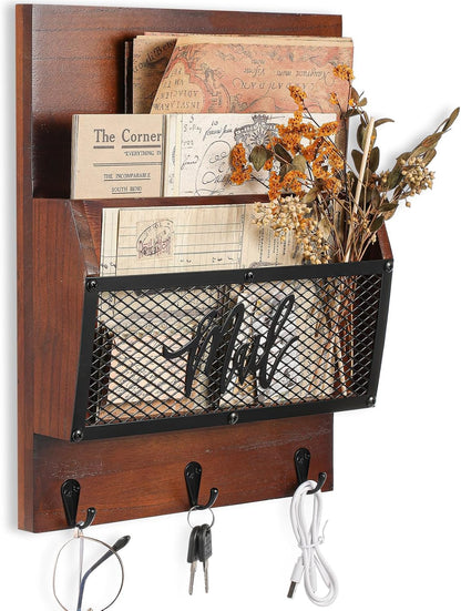 Yalikop Farmhouse Mail Organizer Wall Mounted Rustic Mail Holder Hanging Key Sorter with 3 Hooks Indoor Wooden Wall Mounted, Letter, Magazines, Newspapers, Keys(Classics,Brown)