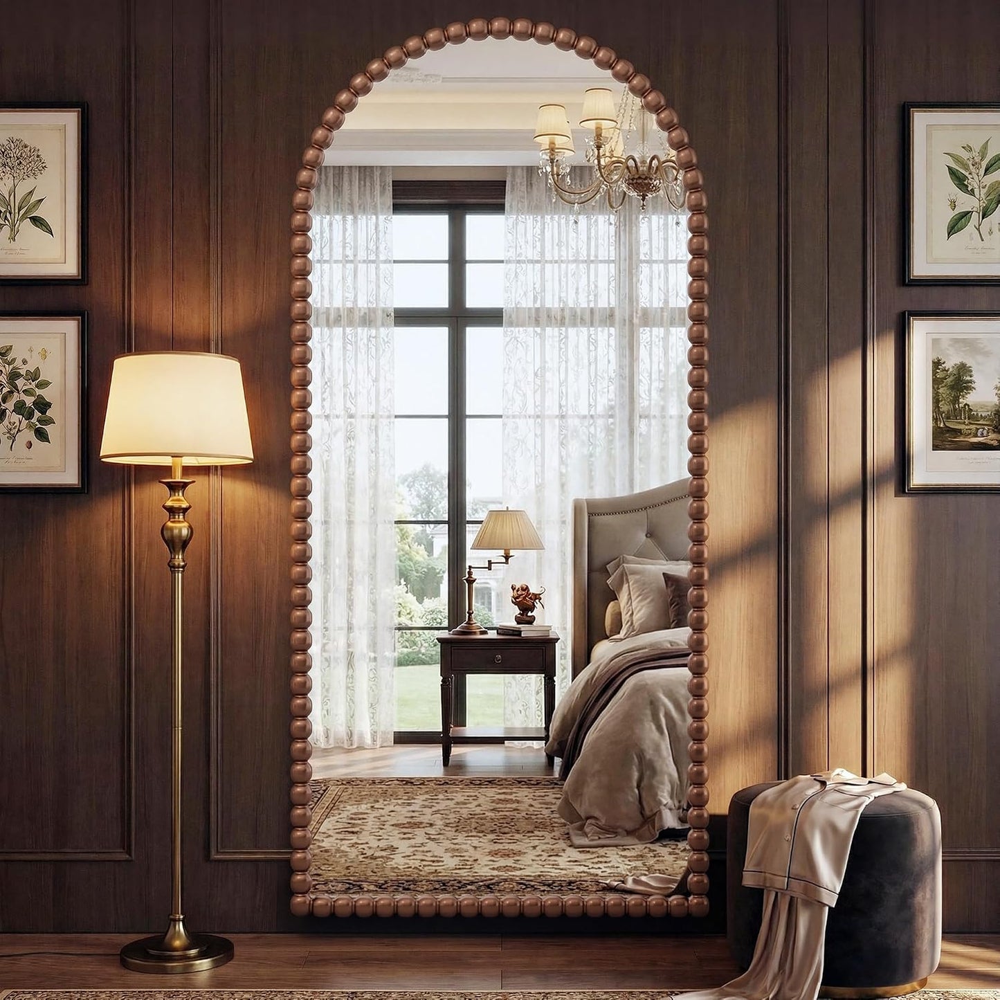 Antok 58" x 21" Arched Full Length Mirror, Antique Beaded Frame Floor Standing or Wall Mounted Mirror with Stand for Bedroom, Entryway, Brown, Luxury Style