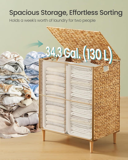 SONGMICS Laundry Hamper 3 Sections, 47.5 Gal. (180 L) Handwoven Water Hyacinth Wicker Laundry Basket with Lid, Natural Material, Removable Machine Washable Liners, Handles, Natural ULCB203Y01