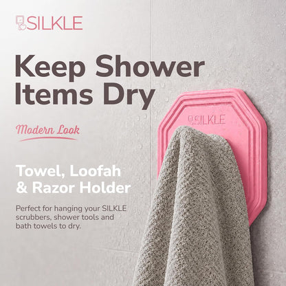 SILKLE Adhesive Silicone Shower Hooks - Adhesive Wall Hooks & Towel Holder for Bathroom, Tile, Glass, No-Drill, Waterproof & Rustproof, Heavy-Duty Stainless Steel, Damage-Free Removal - 2 Pack, Brown
