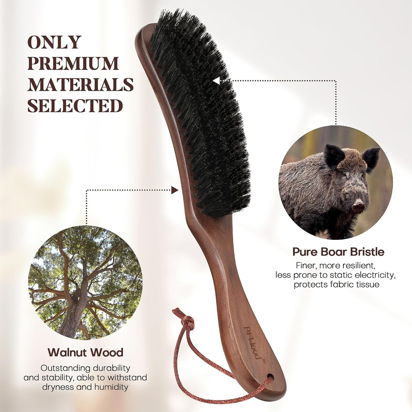 BFWood Clothes Brush, Boar Bristle Lint Brush for Suits, Cashmere, Wool, Velvet, Suede and Pet Hair, Large Black Walnut Wood Handle