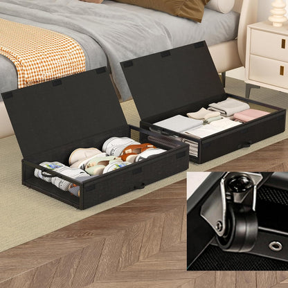 2 Pack Under the Bed Storage Containers,10 inch Height Under Bed Shoe Storage,31inch Long Underbed Storage with Wheels,Large Rolling under bed Clothes Storage Drawers with Lid for Dorm Tall ,Black