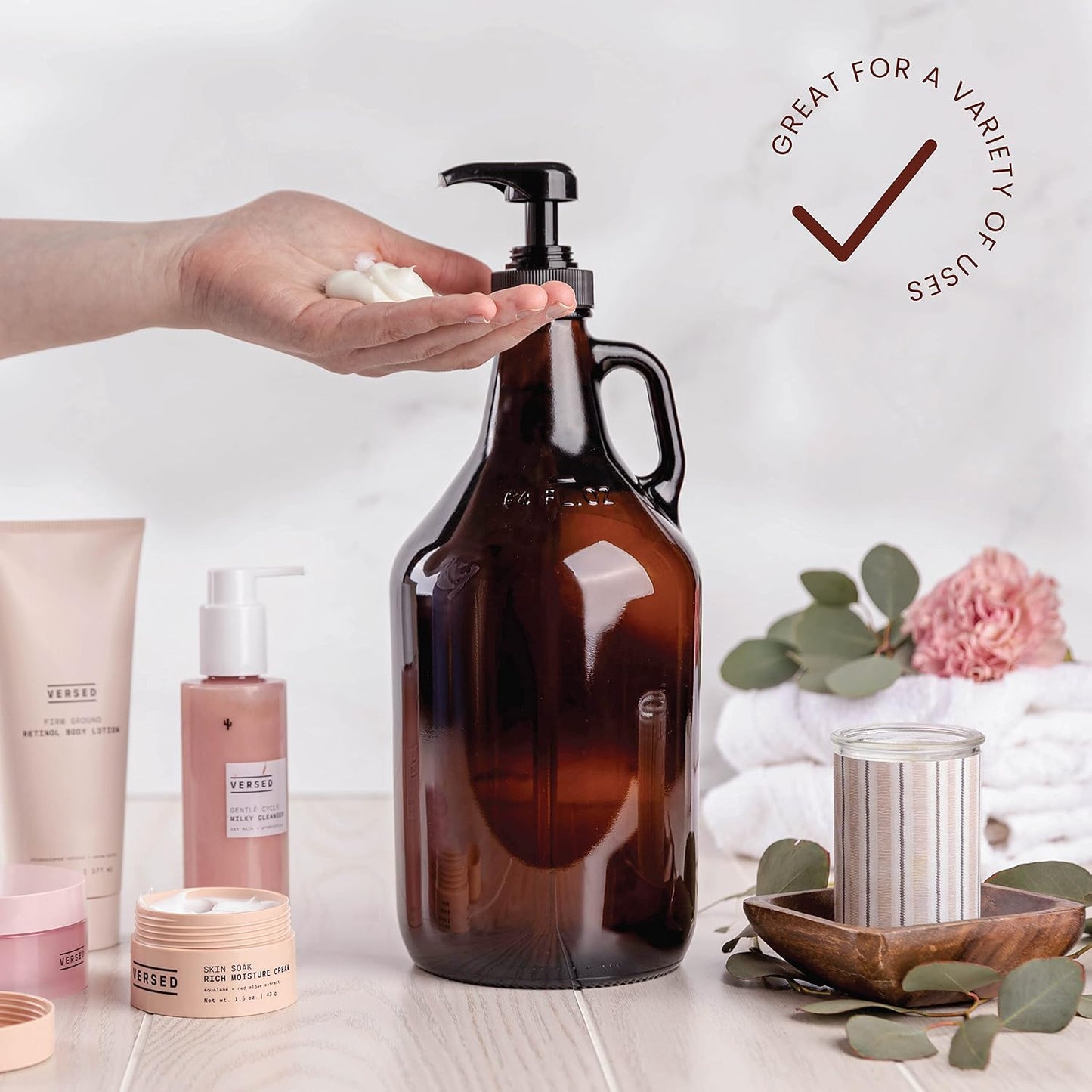 Half Gallon Glass Pump Dispenser Bottle, Large Jug with Pump for Laundry Soap Dispenser, Liquid Detergent, Fabric Softener, Syrup Pump - 64 oz Capacity - Amber Bottle- Pack of 2, by Kitchentoolz
