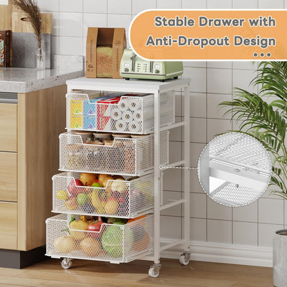 4 Tier Kitchen Rolling Cart, Kitchen Storage Cart with Wheels, Adjust Pantry Organizer and Storage Cart with Drawer, Fruit Vegetable Spice Storage Cart, Wooden Top Metal Kitchen Organizer Rack Stand