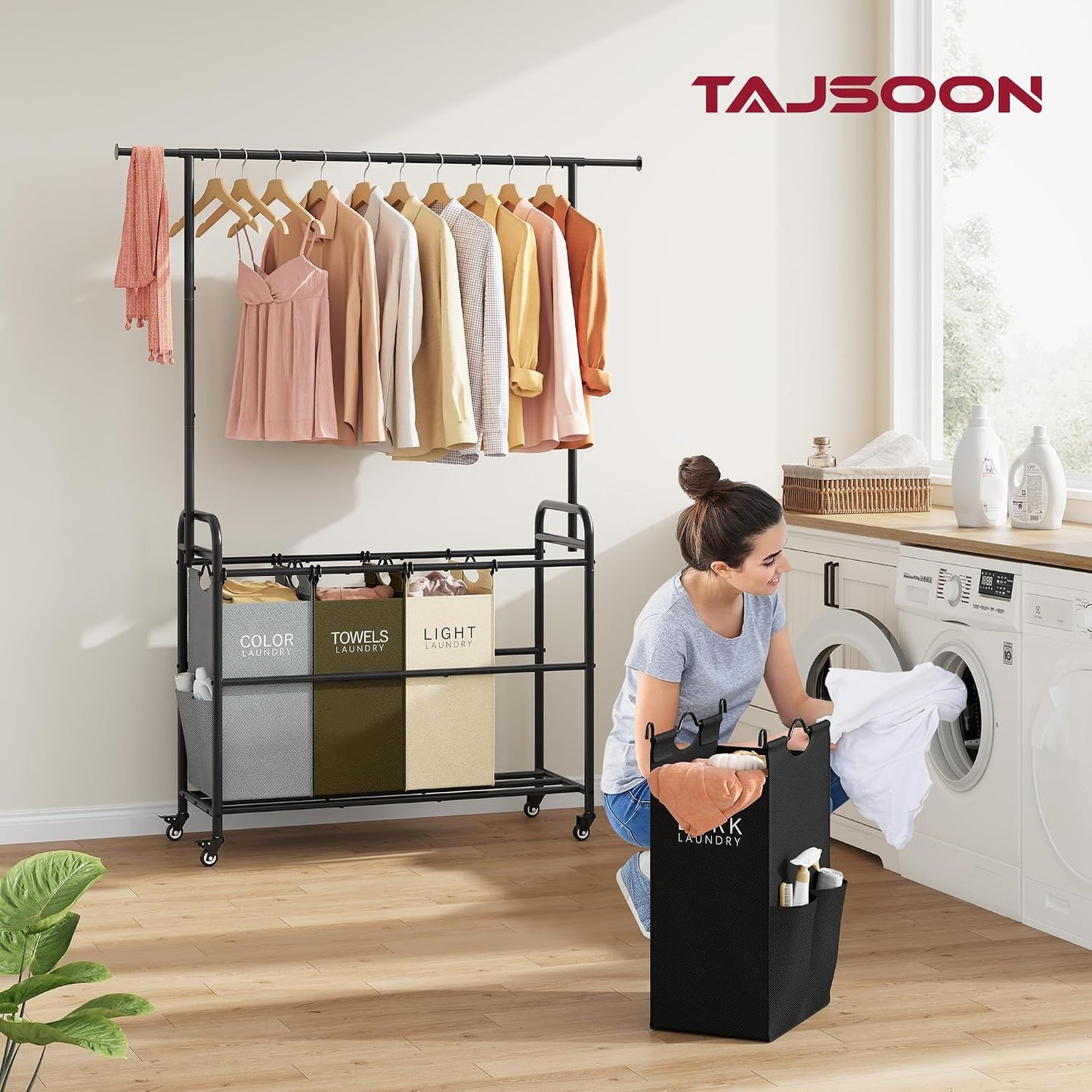 Tajsoon Laundry Hamper with Hanging Rack, 3 Section Laundry Sorter with Heavy Duty Lockable Wheels, Laundry Basket Organizer for Dirty Clothes Storage, 3 Beige