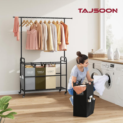 Tajsoon Laundry Hamper with Hanging Rack, 3 Section Laundry Sorter with Heavy Duty Lockable Wheels, Laundry Basket Organizer for Dirty Clothes Storage, 3 Beige