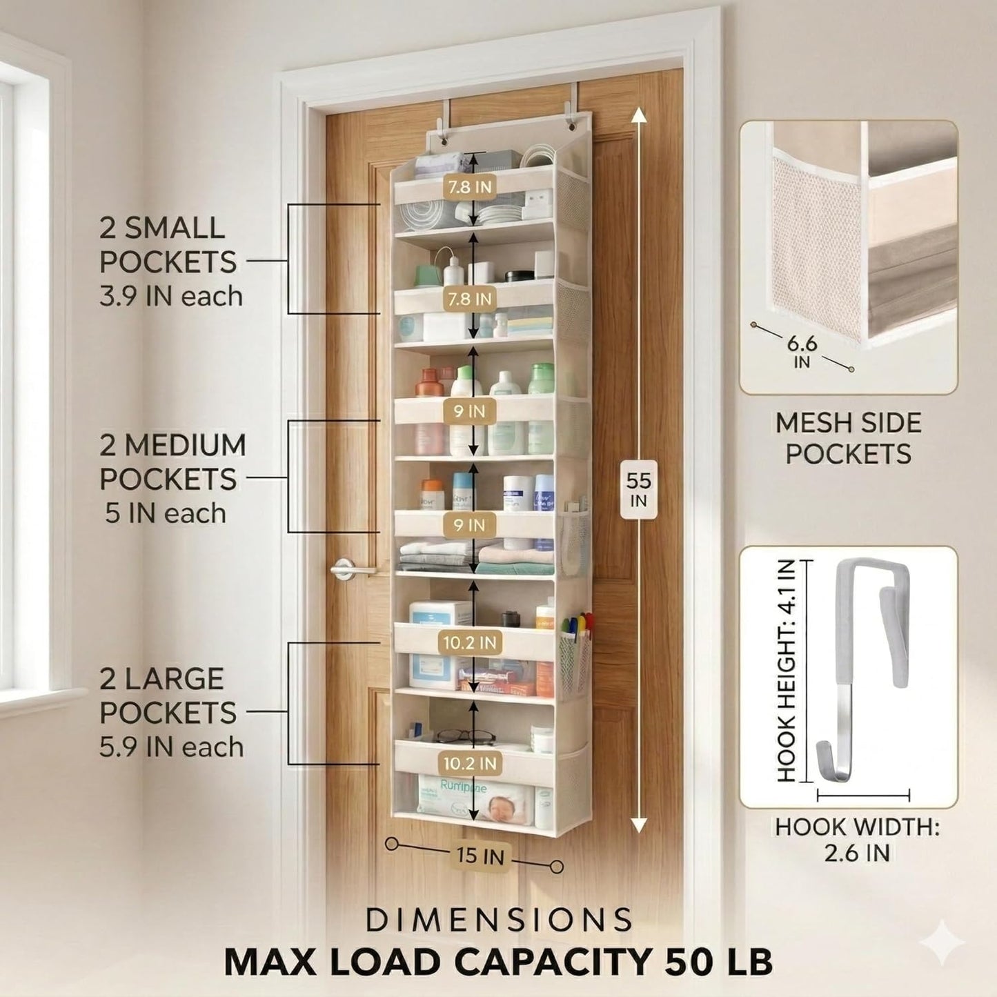 HOMELUX THEORY UPGRADED 6 Tiers Over The Door Organizer Hanging - 100D EXTRA THICK & 50lbs HUGE CAPACITY, 12 Side Mesh Pockets Over The Door Shoe Organizer, Hanging Closet Organizer (Ivory, 1pc)