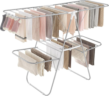 SONGMICS Clothes Drying Rack, with Sock Clips, Metal Laundry Rack, Foldable, Space-Saving, Free-Standing Airer, with 2 Height-Adjustable Gullwings, Indoor Outdoor Use, Gray ULLR052G01
