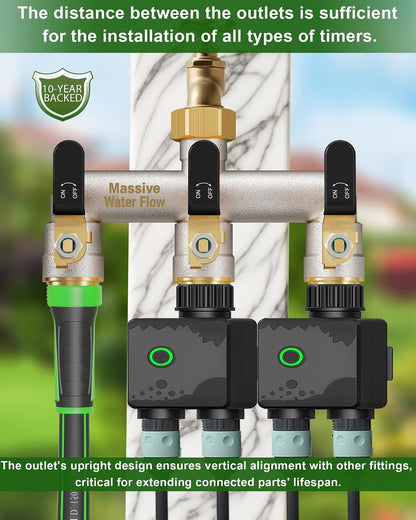 Garden Hose Splitter 3 Way Heavy Duty Brass Nickel Plated Hose Splitter with Large Handle, Full Flow Water Hose Spigot Splitter with Shutoff Valve, T Adapter Connector, 3/4 - Inch GHT Thread（Green）