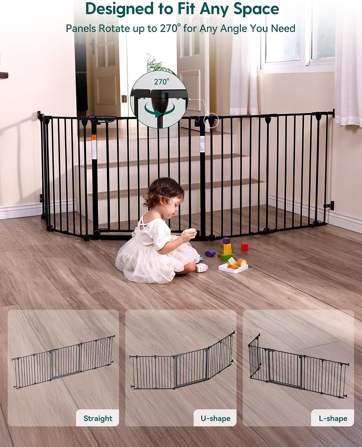 Babelio 104" Extra Wide Baby Gate, 30” Tall Auto Close Dog Fence for Stairs Doorways Fireplace, Hardware Mounted Pet Gate Indoor, Foldable 5 Metal Panels, AdaptiZone Series, Black