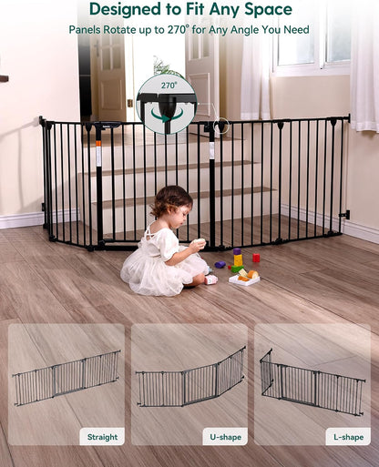 Babelio 104" Extra Wide Baby Gate, 30” Tall Auto Close Dog Fence for Stairs Doorways Fireplace, Hardware Mounted Pet Gate Indoor, Foldable 5 Metal Panels, AdaptiZone Series, Black