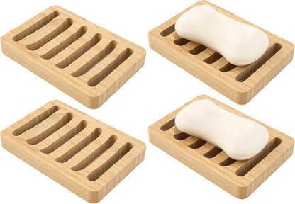 4 Pack Bamboo Soap Dish, Bar Soap Holder Self Draining Soap Dish Natural Bamboo Soap Holder Waterproof Anti-Slip Wooden Soap Dishes for Bar Soap Saver Tray for Shower Bathroom Kitchen Sink Bathtub