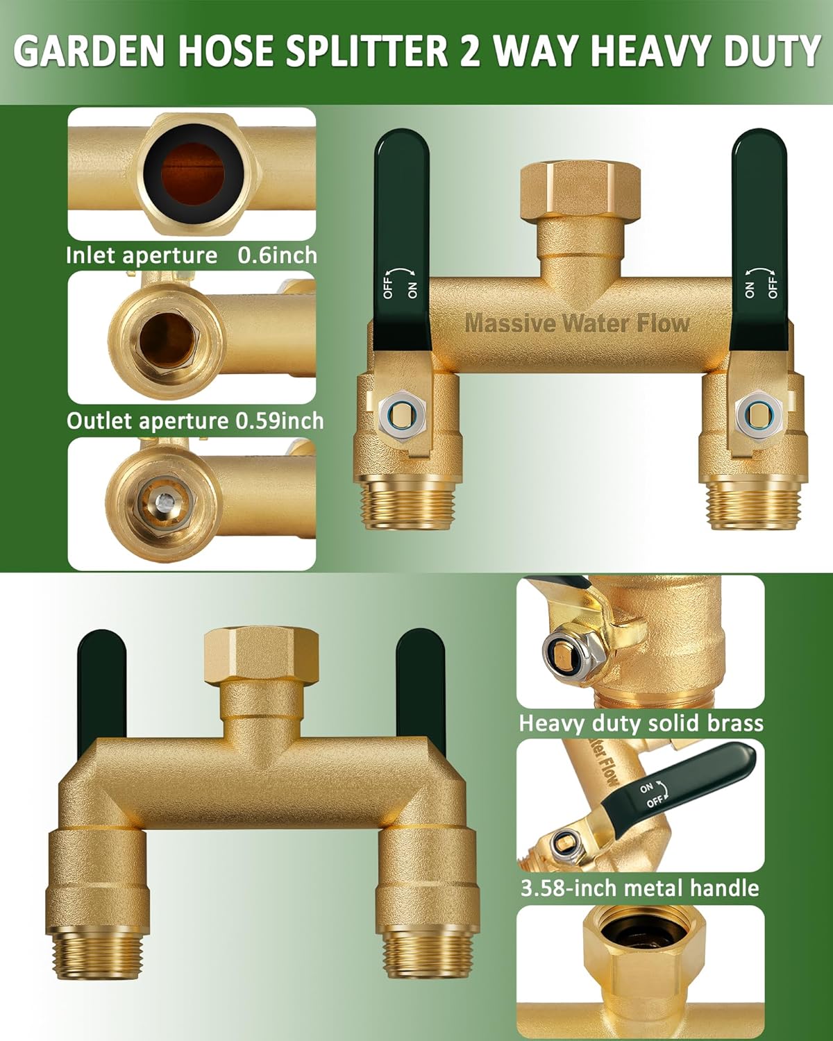 Hose Splitter 2 Way Heavy Duty, Full Flow Garden Hose Splitter with 2 Long Metal Handles, Brass Rust and Freeze Resistant Water Hose Bib Splitter, T Adapter Connector with 3/4 - Inch GHT Thread（Red）