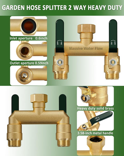 Hose Splitter 2 Way Heavy Duty, Full Flow Garden Hose Splitter with 2 Long Metal Handles, Brass Rust and Freeze Resistant Water Hose Bib Splitter, T Adapter Connector with 3/4 - Inch GHT Thread（Red）