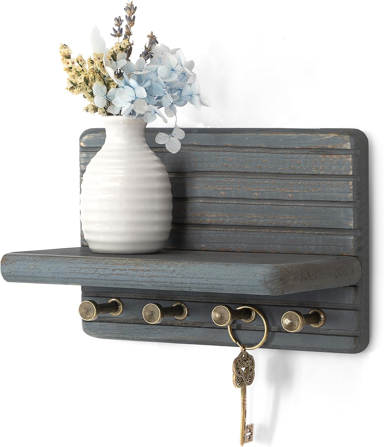 Rebee Vision Farmhouse Key Holder Wall Mount for Home Decor – Decorative Pine Wooden Key Holder for Wall with 6 Hooks & Floating Shelf - Rustic Charm for Room Decor Aesthetic (Brown)