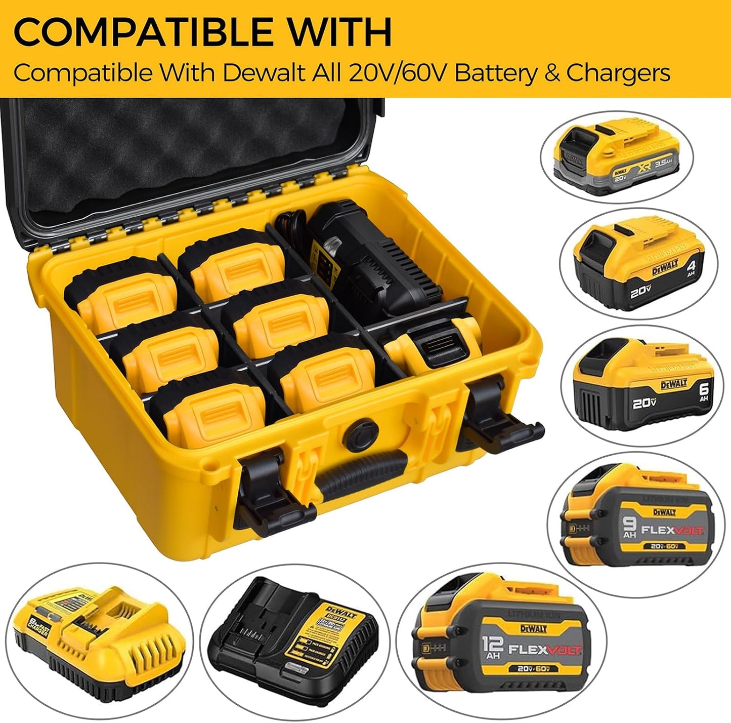 Case for Dewalt Battery – Waterproof Extra Large Hard Storage Box with 8 Adjustable One-Piece Molded Dividers, Heavy Duty Protective Organizer for Dewalt Battery and Charger