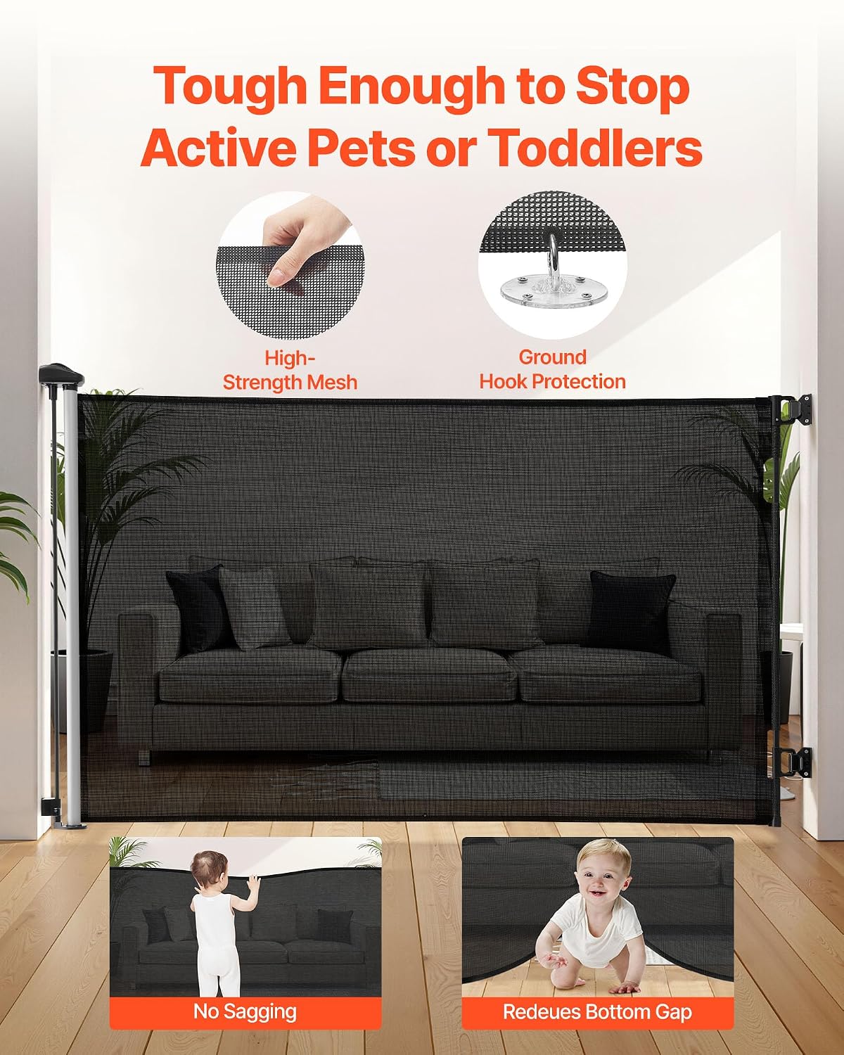 VEVOR Retractable Baby Gate, Extends to 202.7 inch Extra Wide, 39 inch Tall, with Reinforced Fiberglass Strips, Avoids Crawling Through, Mesh Dog Gate for Decks, Doorways, Garages, Indoor, Black