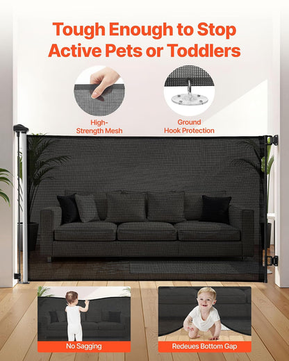 VEVOR Retractable Baby Gate, Extends to 202.7 inch Extra Wide, 39 inch Tall, with Reinforced Fiberglass Strips, Avoids Crawling Through, Mesh Dog Gate for Decks, Doorways, Garages, Indoor, Black