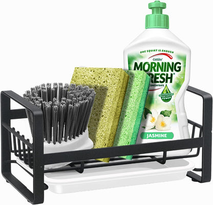Kitchen Sponge Holder for Sink, Kitchen Sink Caddy Organizer, Sink Tray Drainer Rack, Dish Rags Brush Soap Storage Countertop with Removable Front Drain Pan - Black