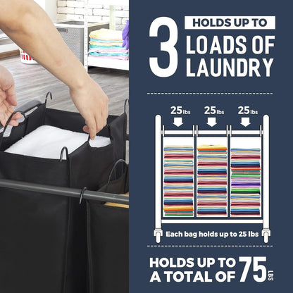 STO STO Laundry Sorter 3 Section, 3 Bag Clothes Hamper, Rolling Laundry Cart Basket with Heavy Duty Lockable Wheels and Removable Bag for Laundry Room, Bedroom, Closet, Gray