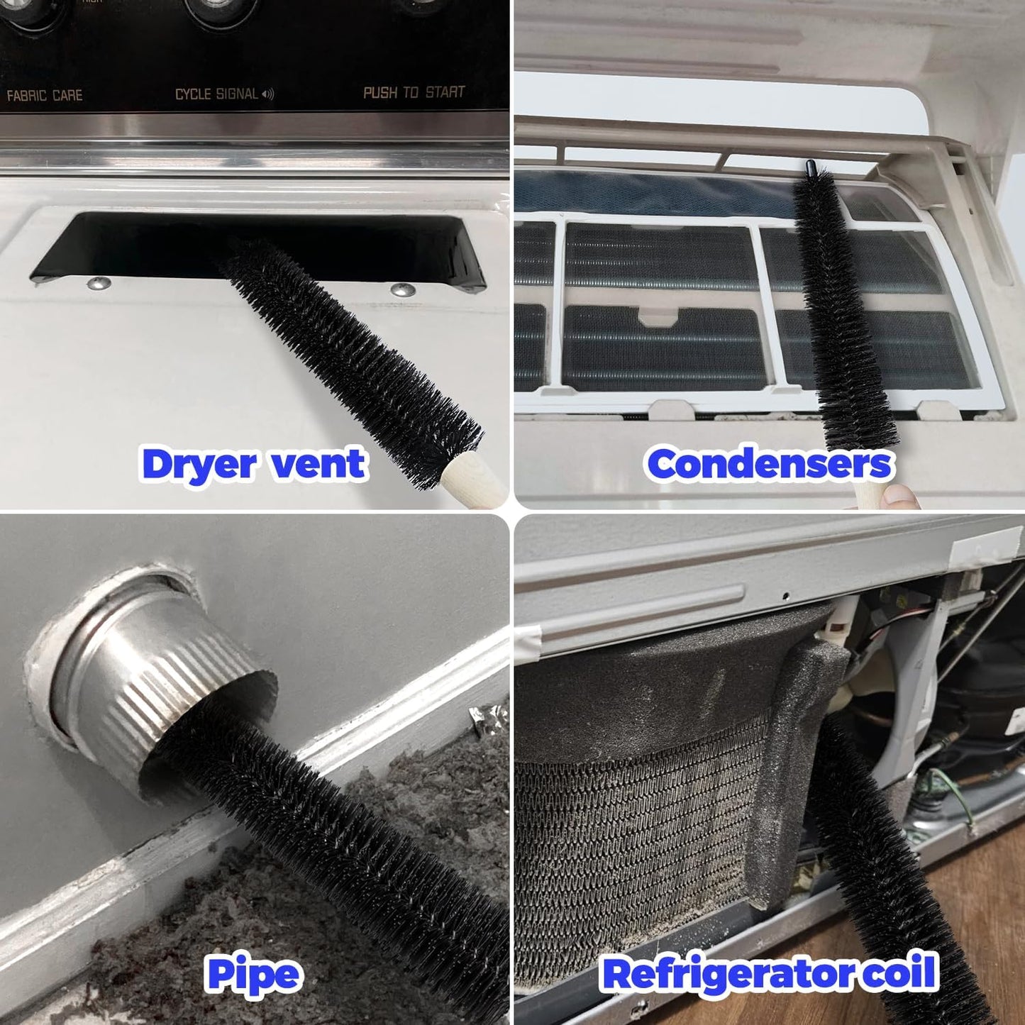 Holikme Dryer Vent Cleaner Kit 4 Pack - Household Cleaning Supplies,Long Flexible Refrigerator Coil Brush Radiator Brush,Dryer Lint Brush Home Essentials for Lint Trap Dust Vacuum Brush