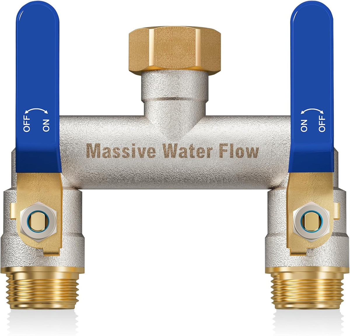 Hose Splitter 2 Way Heavy Duty, Garden Hose Splitter with 304 Stainless Steel Long Handle, Full Flow Brass Nickel Plated Water Hose T Spigot Splitter Adapter Connector, 3/4 - Inch GHT Thread (Blue)
