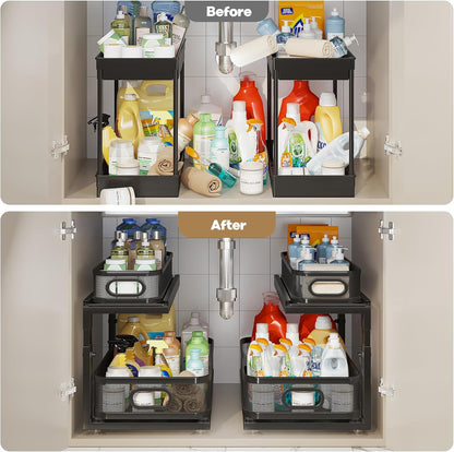 2 Pack 18.5IN-Depth Under Sink Organizer With Next-Gen Ball-Bearing Slides,2-Tier Precision Mesh Pull Out Cabinet Storage for Bathroom&Kitchen,Height Adjustable Drawers Shelf,Anti-rust-White