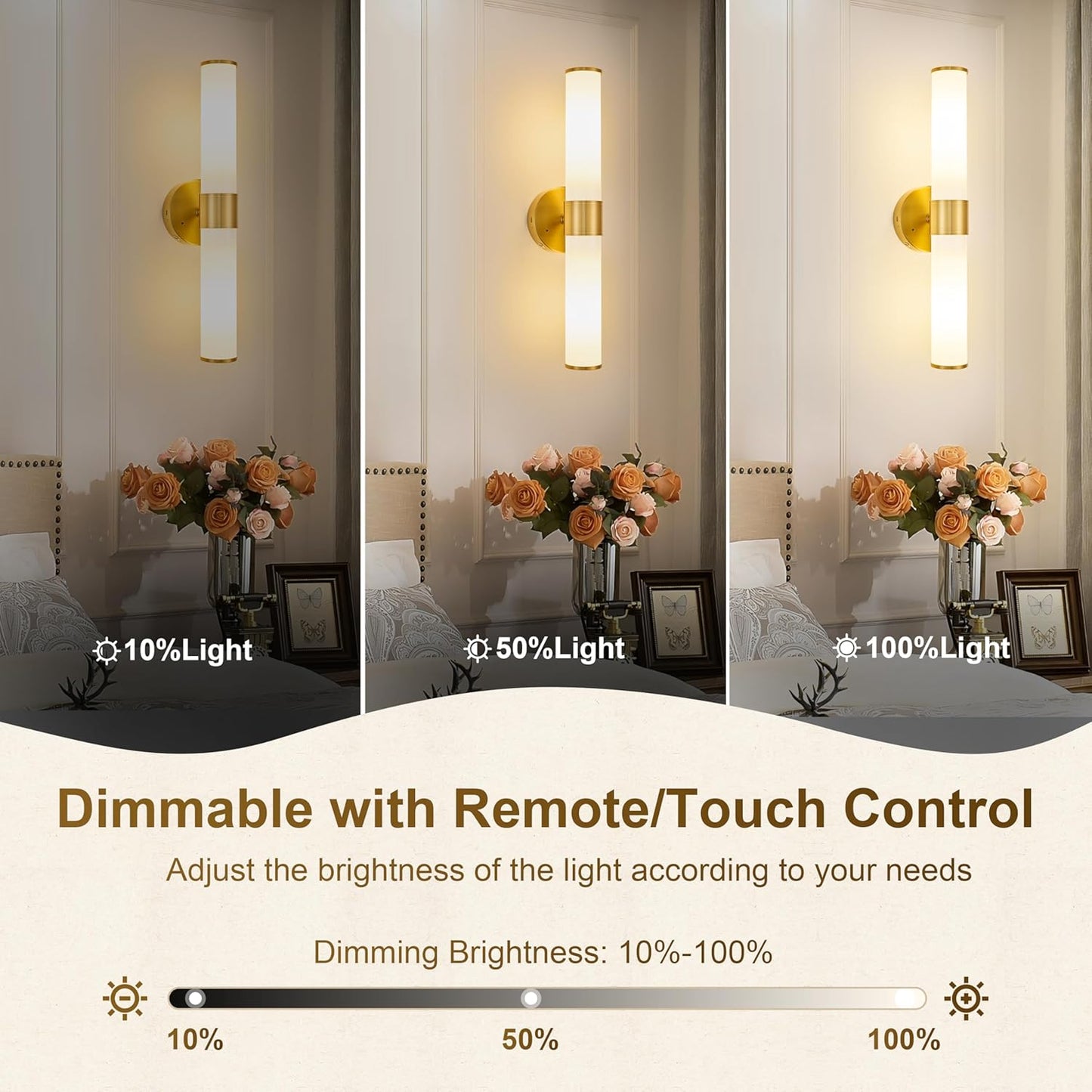 Morauroral Gold Battery Operated Wall Sconces Set of Two, Rechargeable Wall Sconce with Dimmable Remote Control, 20 Inch Wireless Sconce Wall Light for Bedroom, Living Room (Bulbs Included)