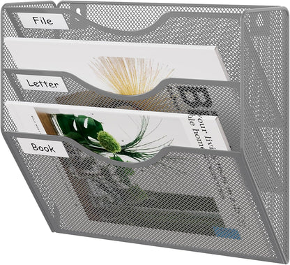 EasyPAG 5 Pocket Mesh Wall File Organizer with Key Hooks, Hanging Paper Folder Holder with Classify Label, Vertical Wall Mount Mail Organizer for Office Home Classroom, Black