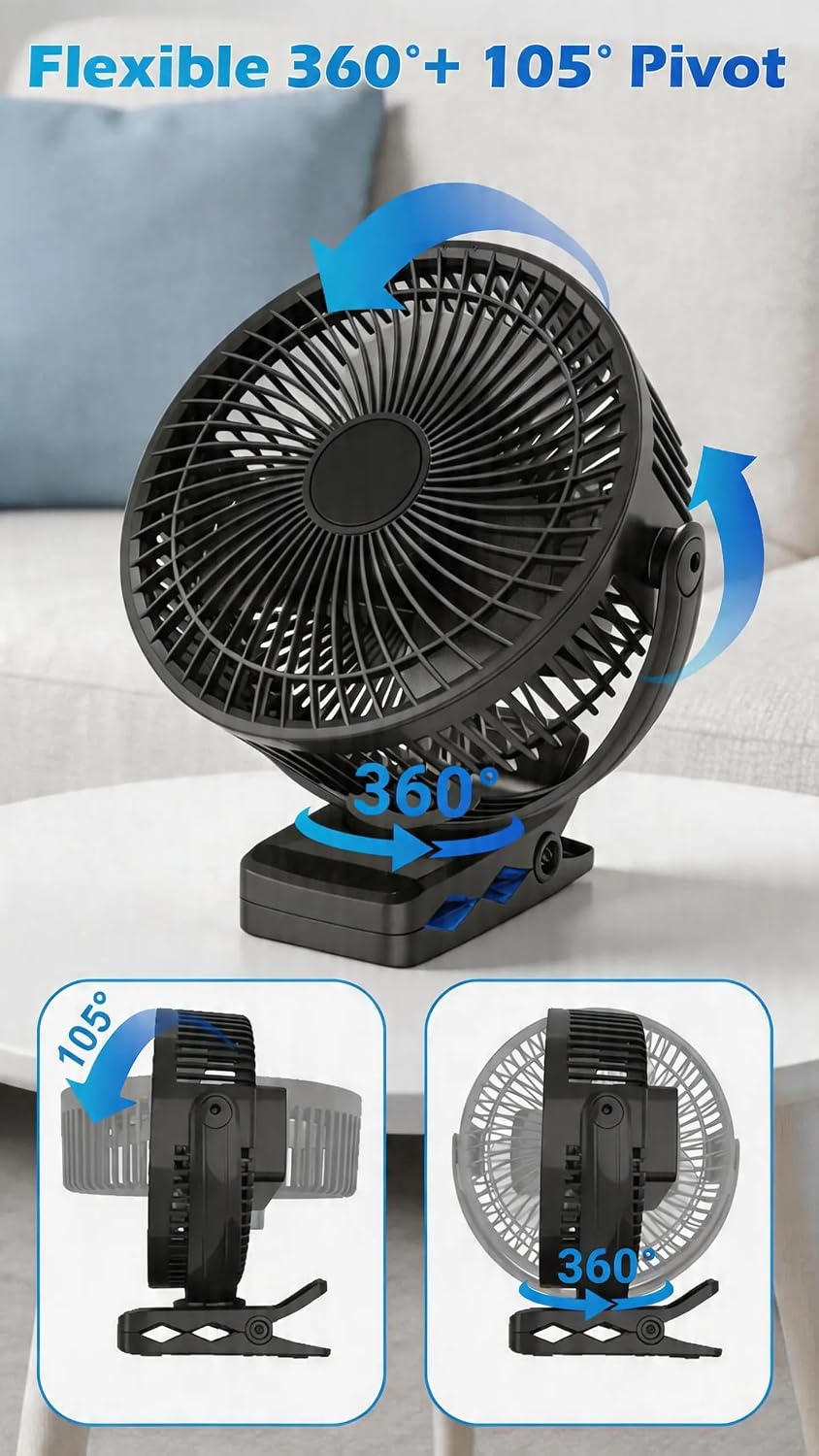 Meudeen 5000mAh Rechargeable Clip on Fan - 6 Inch Portable Fan - with Timer & LED Lantern - Battery Powered Golf Cart Fan - 5 Speeds Quiet Small Desk Fan for Camping - Stroller - Bedroom