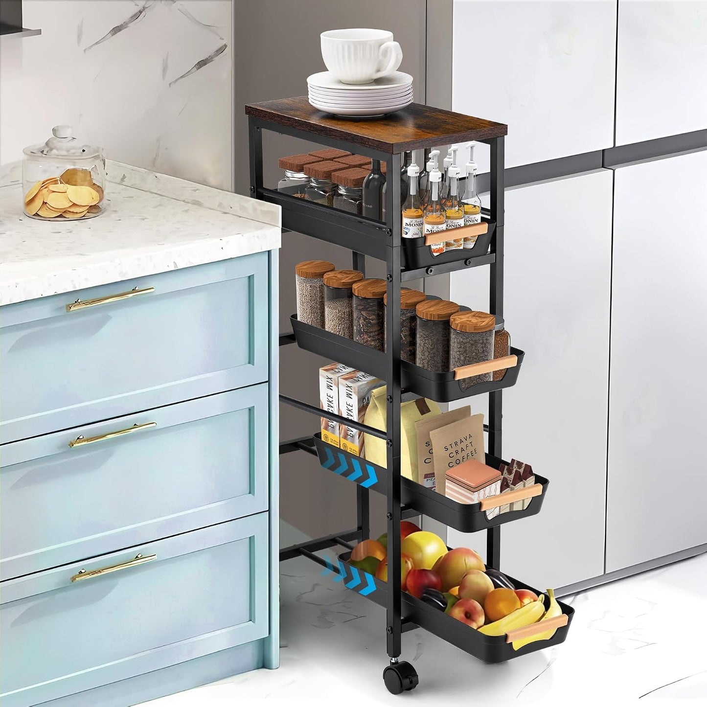 Slim Storage Cart, 5-Tier Narrow Rolling Kitchen Laundry Room Cart with Drawer and Wheels, Metal Utility Cart Slide Out Organizer for Small Spaces (White)