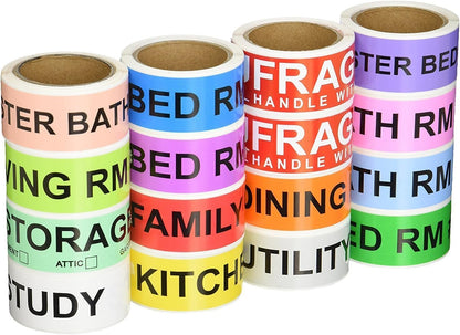 Aegis Adhesives - 1" X 4.5" Home Moving Color Coding Labels (16 Rolls, 50/Roll, 800 Total) 4 Bedroom House + Fragile Stickers - 14 Different Living Spaces + 2 Handle with Care