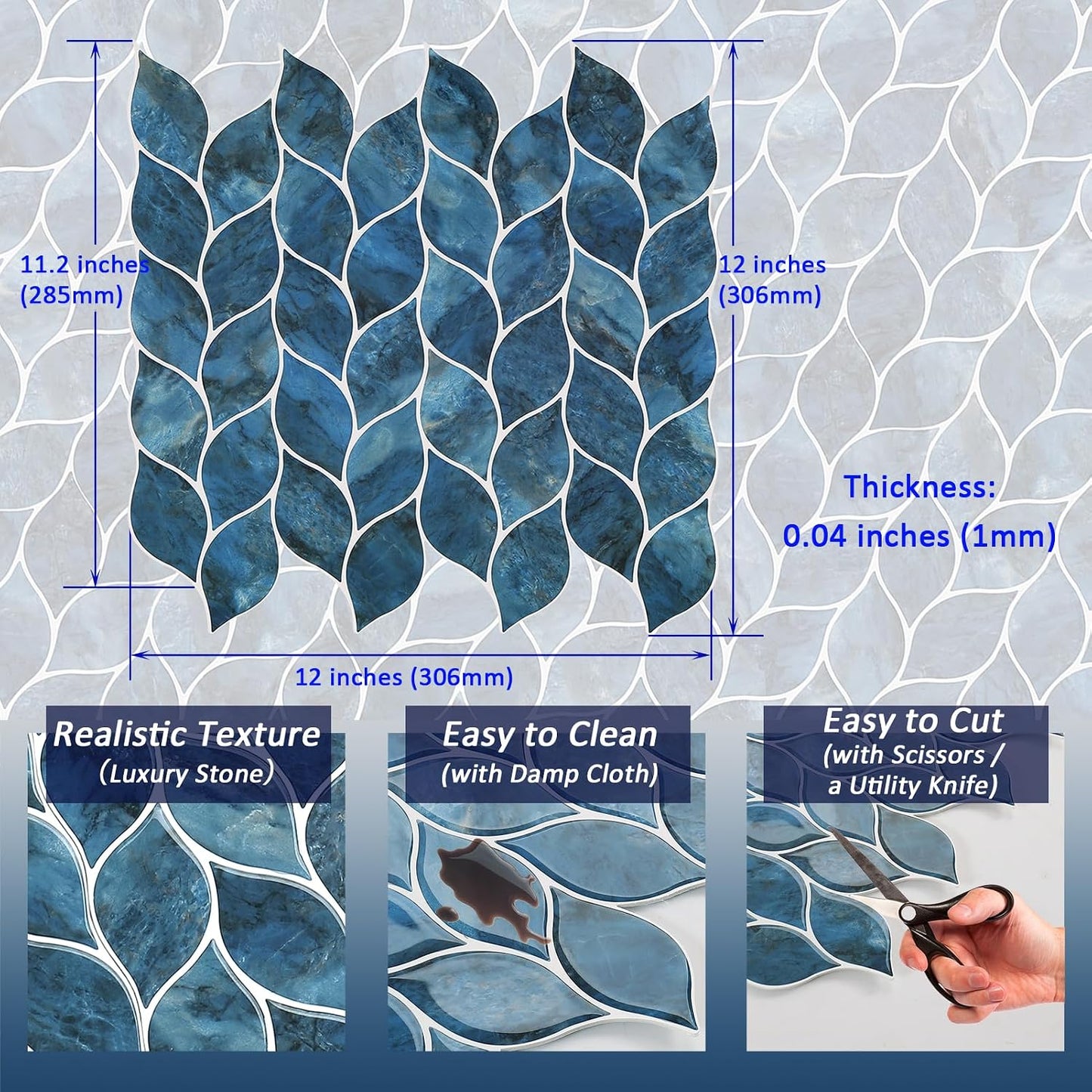 Tilingview 10 Pcs Vinyl Leaf Peel and Stick Tile for Kitchen Backsplash, Premium Self-Adhesive Tiles Plastic Wall Stickers Art Mosaics (Blue Gray)
