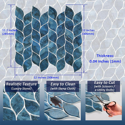 Tilingview 10 Pcs Vinyl Leaf Peel and Stick Tile for Kitchen Backsplash, Premium Self-Adhesive Tiles Plastic Wall Stickers Art Mosaics (Blue Gray)