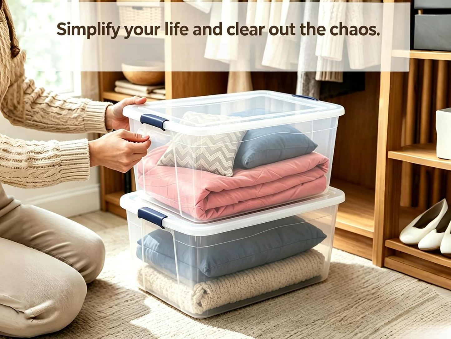 41 Quart Under Bed Storage Bins with Snap-On Lids, 2-Pack, Clear Plastic Stackable Tote Boxes, Closet Storage for Clothes Storage & Bedroom Organization