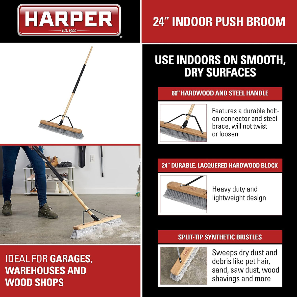 Harper 20201044 24 in. Indoor/Outdoor Dry All-Purpose Push Broom with Dual Bristles, for Dust, Gravel, Debris