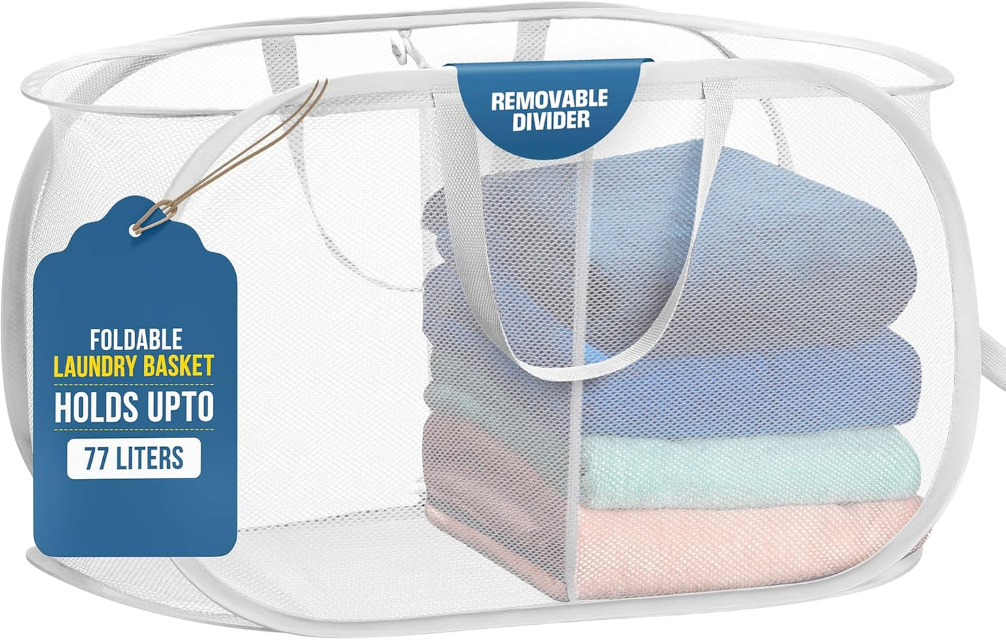 Handy Laundry Collapsible Laundry Basket, 3-Compartment Mesh Laundry Sorter, Foldable Pop Up Hamper with Handles, Space-Saving Durable Organizer for Dorm, Bedroom, Travel, White