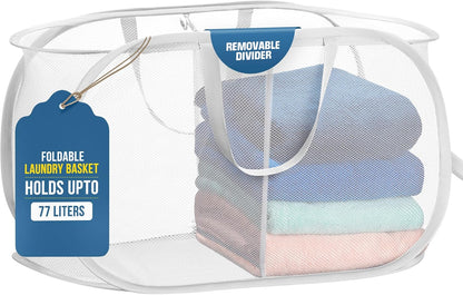 Handy Laundry Collapsible Laundry Basket, 3-Compartment Mesh Laundry Sorter, Foldable Pop Up Hamper with Handles, Space-Saving Durable Organizer for Dorm, Bedroom, Travel, White