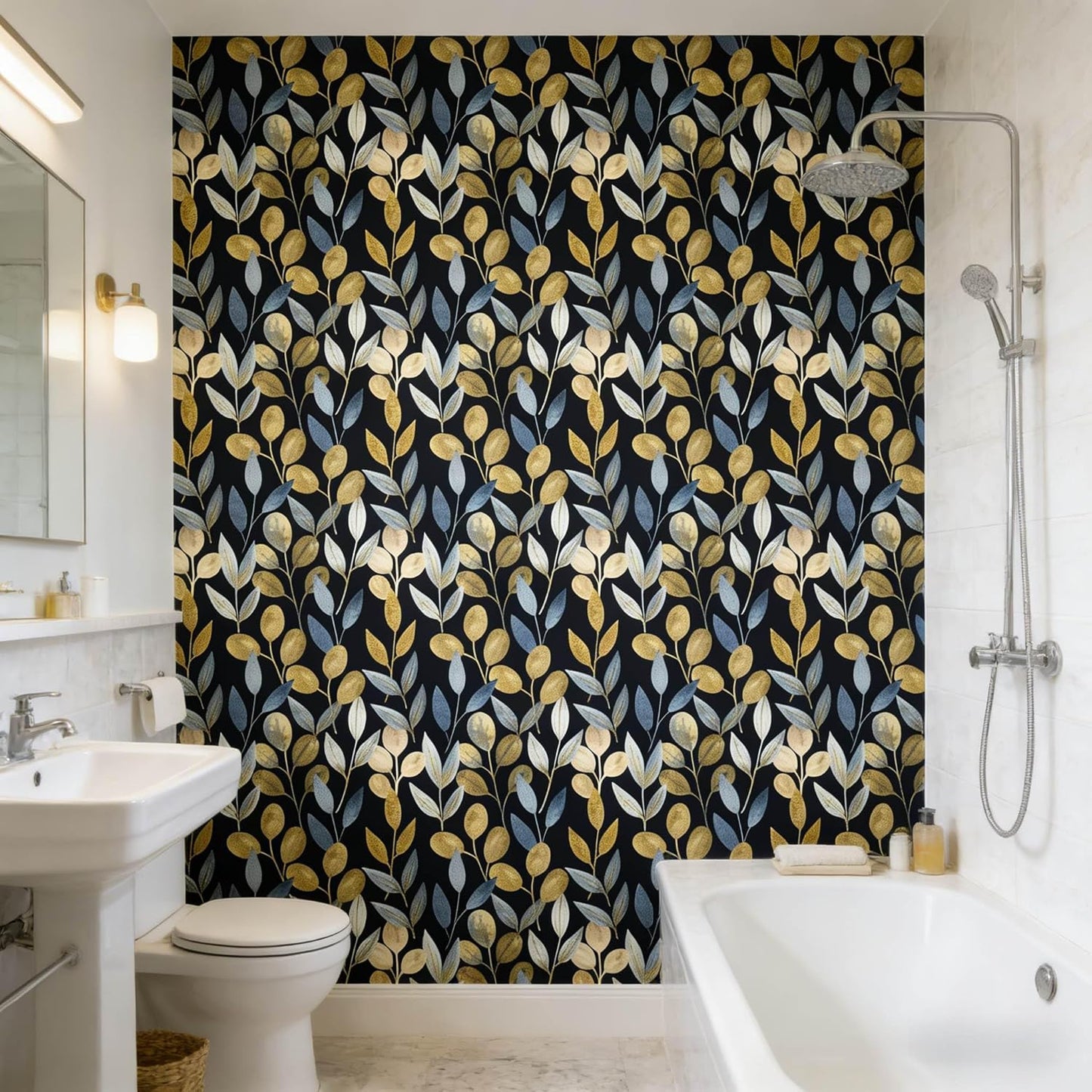 Blue Gold Leaf Peel and Stick Wallpaper Modern Self Adhesive Contact Paper Waterproof Removable Wall Paper for Bathroom Living Room 17.7"x70.8" Luxury Decorative Wallpaper