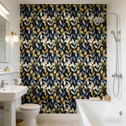 Blue Gold Leaf Peel and Stick Wallpaper Modern Self Adhesive Contact Paper Waterproof Removable Wall Paper for Bathroom Living Room 17.7"x70.8" Luxury Decorative Wallpaper