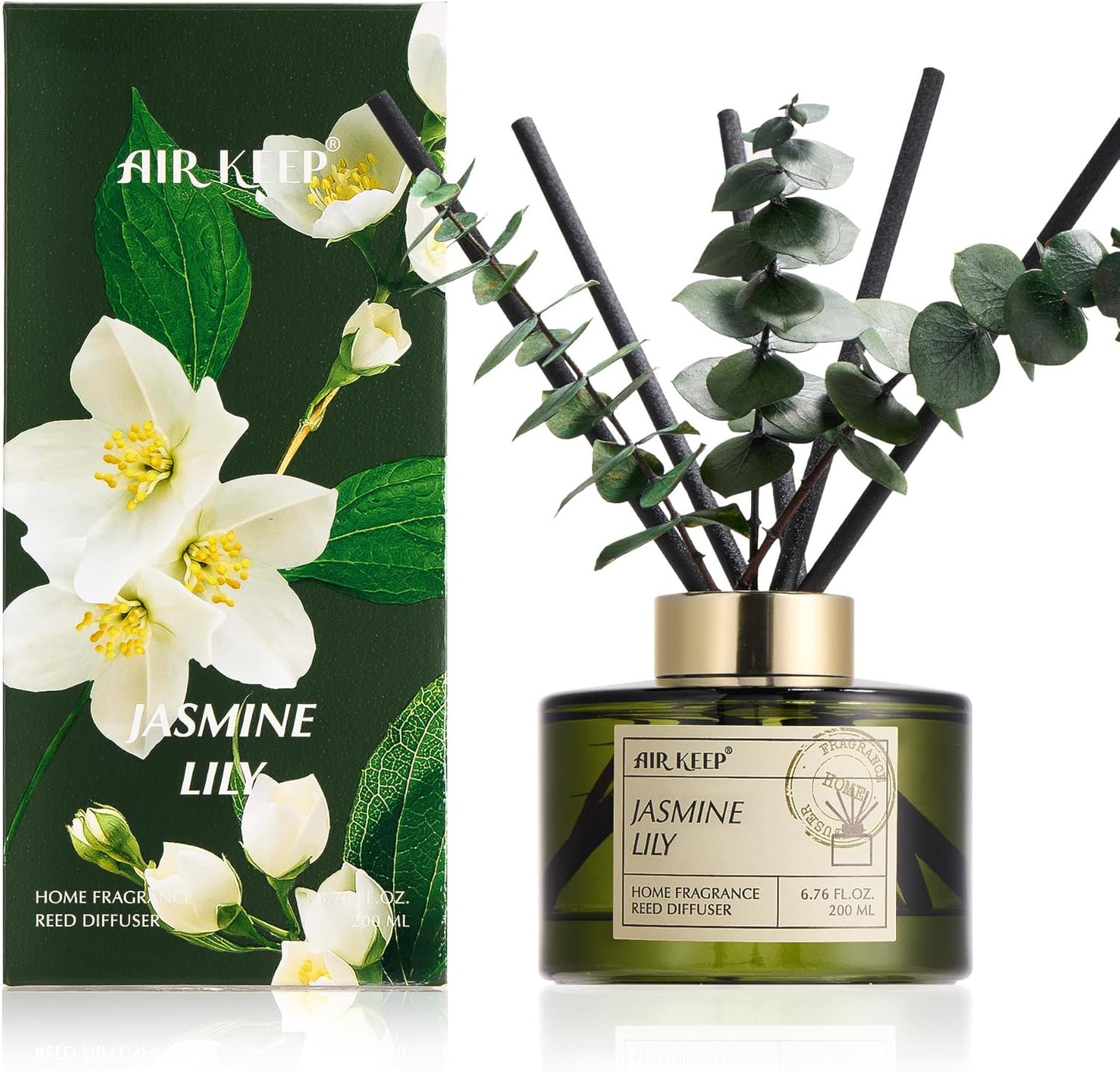 Airkeep Reed Diffuser Set with 6.76 fl oz Forest Mist Scent Essential Oils and 3 Leaves & 8 Diffuser Sticks,Bathroom Shelf Decor & Air Freshener, House Bedroom Office Decor & Gifts