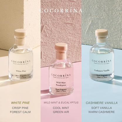 COCORRÍNA Eucalyptus Reed Diffuser Set of 3 - Eucalyptus & Moss, Clean Linen, Ocean Mist Scents, 1.7 fl oz Each, Total 5.1 oz, Scented Oil Diffusers for Home & Office