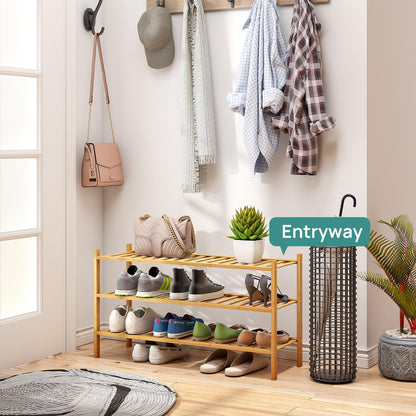 viewcare 3-Tier Black Bamboo Shoe Rack for Entryway, Stackable | Foldable | Natural, Shoe Shelf Storage Organizer for Hallway Closet, Free Standing Shoe Racks for Indoor Outdoor
