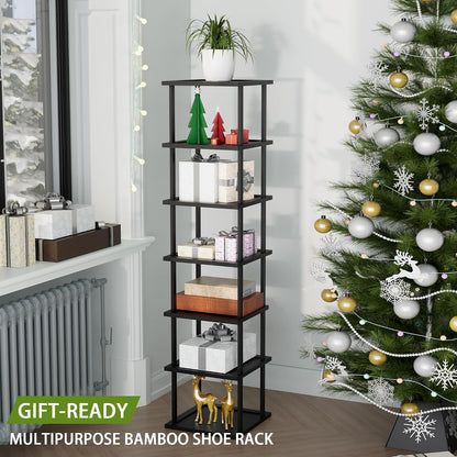 Vertical Tall Shoe Rack Organizer for Entryway -7 Tier Free Standing Slim Narrow Bamboo Wood Corner Stackable Shoe Boots Storage Stand Small Spaces for Closet Garage Cloakroom Living Room (Black)